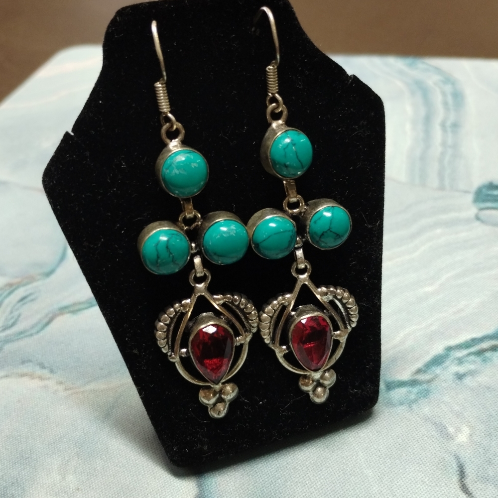 925 Garnet Turquoise Earrings - Picture 2 of 9